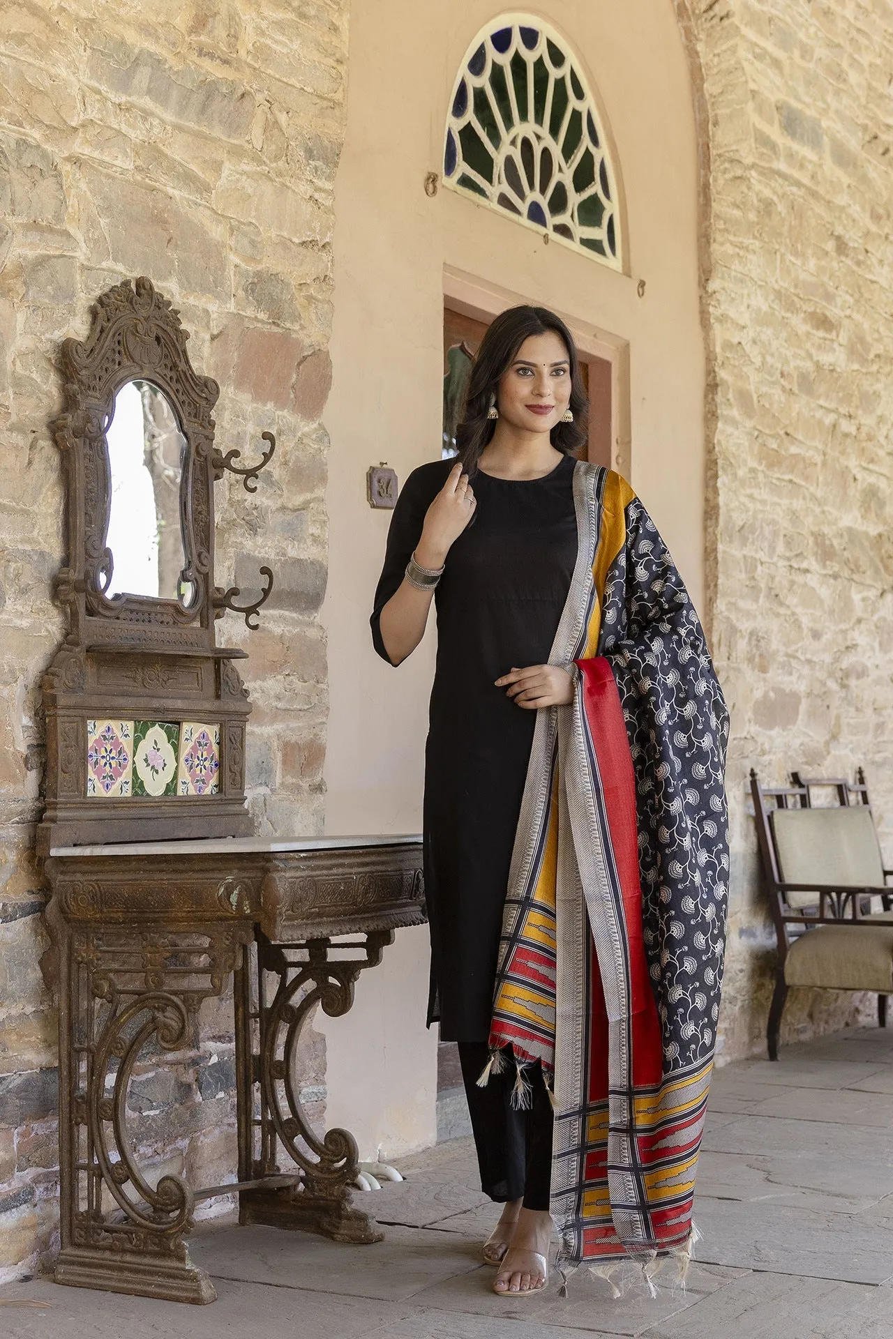 Women Black Kurta With Trouser And Printed Dupatta