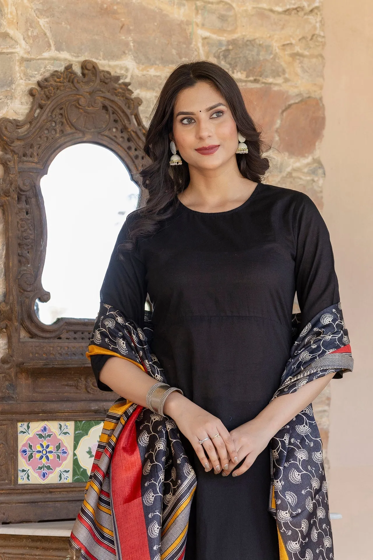 Women Black Kurta With Trouser And Printed Dupatta